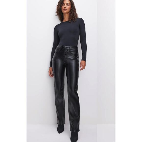 Good American Good Icon Faux Leather Pants Straight Leg Black Womens Size 27 - Picture 2 of 12